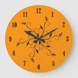 Reloj Redondo Grande Naranja Sólido con Números y Acento Negros