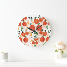 Reloj Redondo Grande Naranja tropical y patrón de hojas