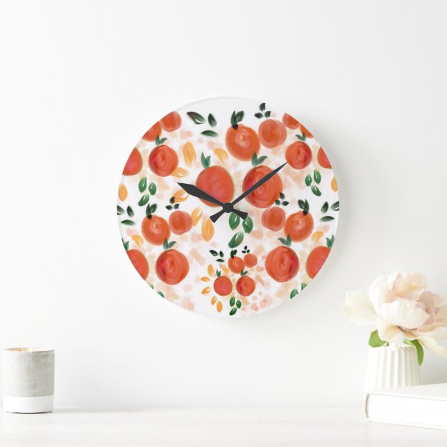 Reloj Redondo Grande Naranja tropical y patrón de hojas (Hogar)