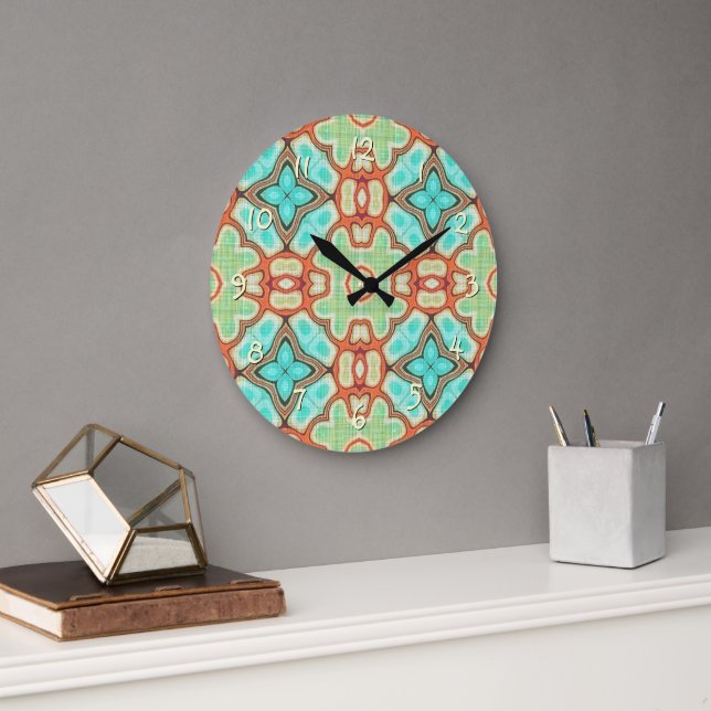 Reloj Redondo Grande Naranja turquesa Lime Green Hip Ornate Motif (Oficina)