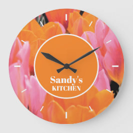 Reloj Redondo Grande Naranja y foto de tulipán rosado personalizada