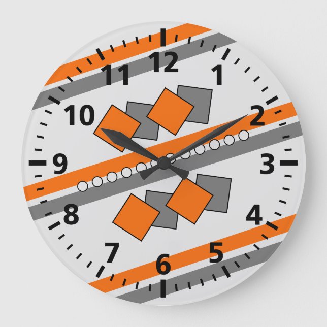 Reloj Redondo Grande Naranja y gris para los niños rayas de habitación  (Anverso)