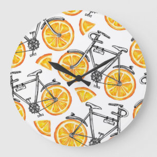 Reloj Redondo Grande Naranjas de Bicicleta: Patrón de Verano en Acuarel