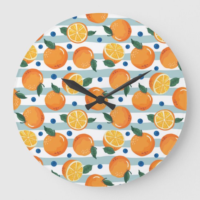 Reloj Redondo Grande Naranjas de fondo a rayas, patrón de verano. (Anverso)