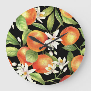 Reloj Redondo Grande Naranjas de mano desatada: Ilustracion floral.