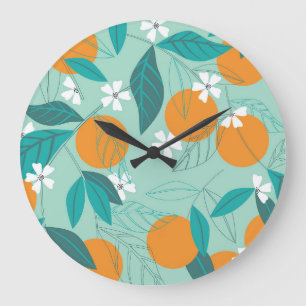 Reloj Redondo Grande Naranjas en flor, hojas, arte vintage.