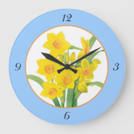 Reloj Redondo Grande Narcisos amarillos en números florales azules del