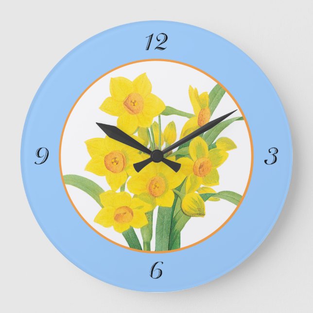 Reloj Redondo Grande Narcisos amarillos en números florales azules del (Anverso)