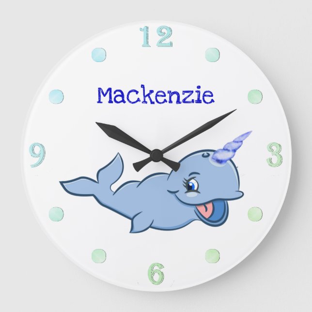 Reloj Redondo Grande Narwhal Blue | Adorable Baby Kawaii Custom Ocean (Anverso)