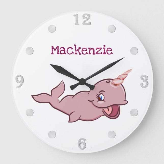 Reloj Redondo Grande Narwhal Pink | Girly Kawaii Chibi Cartoon Custom (Anverso)