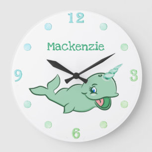 Reloj Redondo Grande Narwhal Verde   Chibi de menta lindo personalizado