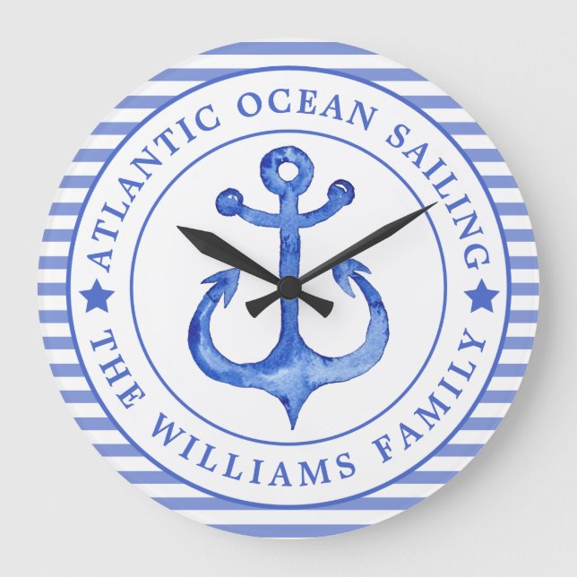 Reloj Redondo Grande Nautical Anchor Navy Blue Personalized (Anverso)
