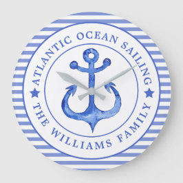 Reloj Redondo Grande Nautical Anchor Navy Blue Striped Personalizado