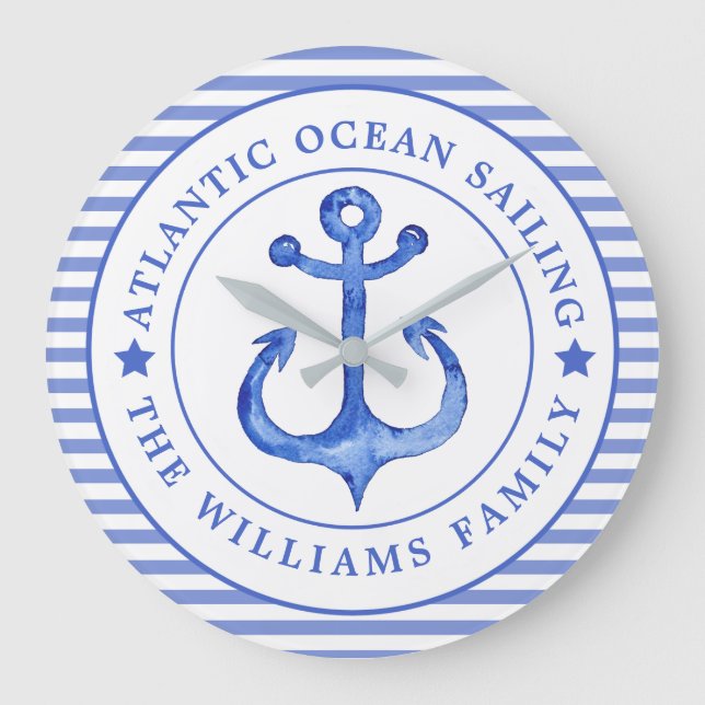 Reloj Redondo Grande Nautical Anchor Navy Blue Striped Personalizado (Anverso)