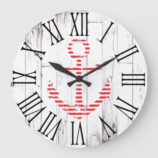 Reloj Redondo Grande Nautical Anchor Red White Wood Rustic Coastal (Anverso)