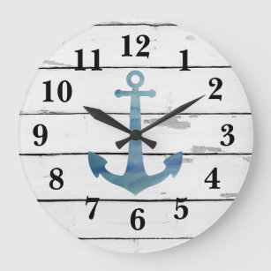 Reloj Redondo Grande Nautical Blue Anchor Shiplap Rústica Decoración