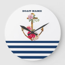 Nautical Boat Name,Anchor,Floral Navy Blue Stripes