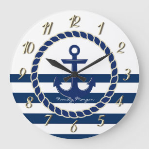 Reloj Redondo Grande Nautical Boat Name,Anchor Naval Blue Stried