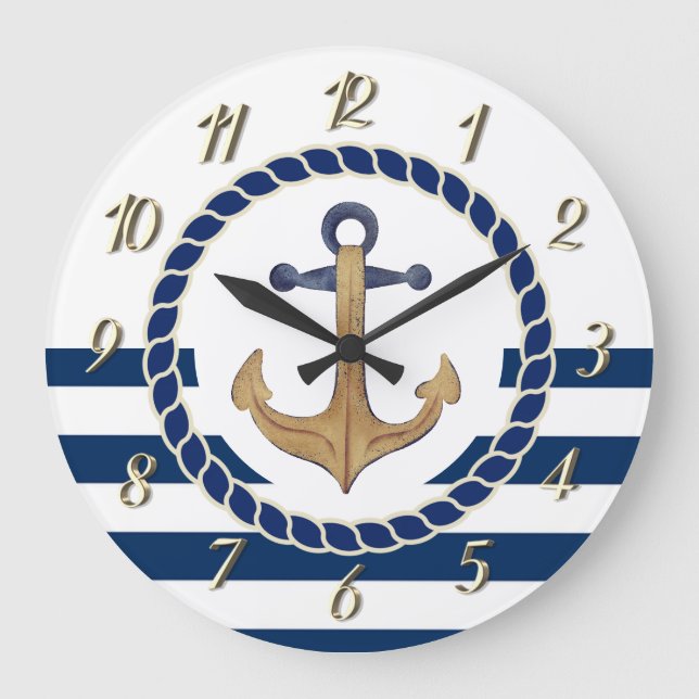 Reloj Redondo Grande Nautical Boat Name,Retro Anchor Nave Blue Stried (Anverso)