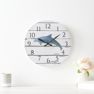 Reloj Redondo Grande Nautical Dolphin Shiplap Beach Decoración Rústica