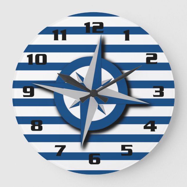 Reloj Redondo Grande Nautical Inspired Compass and Stripes Pattern (Anverso)