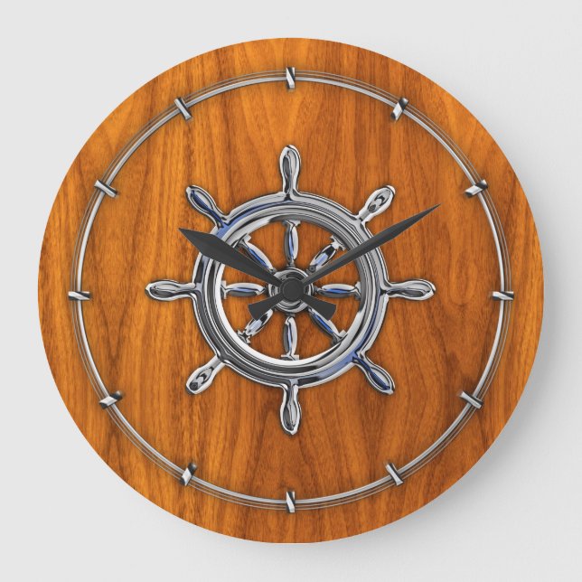 Reloj Redondo Grande Nautical Wheel on Teak Veneer (Anverso)
