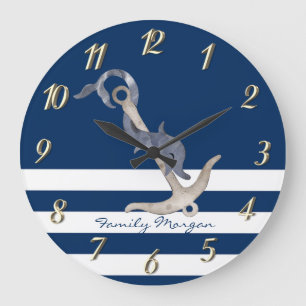 Reloj Redondo Grande Náutico, Ancla con Delfín Rayas Azul Marino