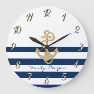 Reloj Redondo Grande Náutico, Ancla Dorada Rayas Azules Marinos