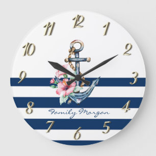 Reloj Redondo Grande Náutico, Ancla Floral Rayas Azul Marino