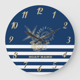 Reloj Redondo Grande Náutico, Conchas de Oro Rayas Azules Marinas