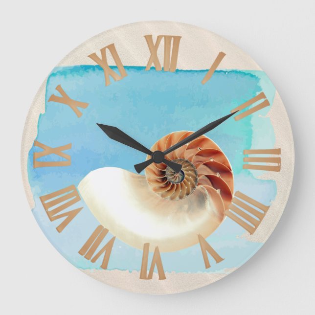 Reloj Redondo Grande Nautilus Seashell and Sand (Anverso)