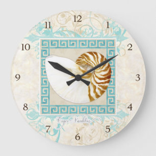 Reloj Redondo Grande Nautilus Shell acuarela Griega Key Damask Beach
