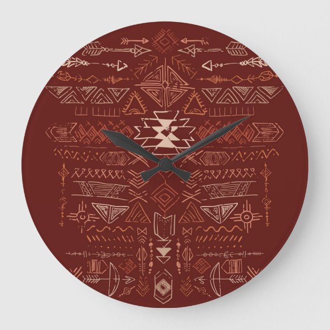 Reloj Redondo Grande Navajo Aztec: Patrón de Doodle Étnico. (Anverso)