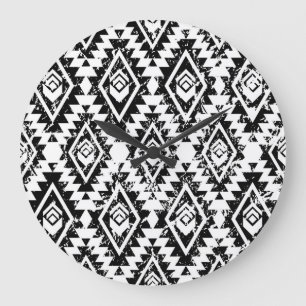 Reloj Redondo Grande Navajo tribal: geométrico blanco negro.