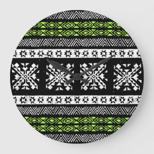 Reloj Redondo Grande Navajo tribal, patrón verde blanco negro.