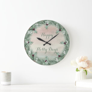 Reloj Redondo Grande Navidad de Bayas de Borgoña y Pino de Acebo