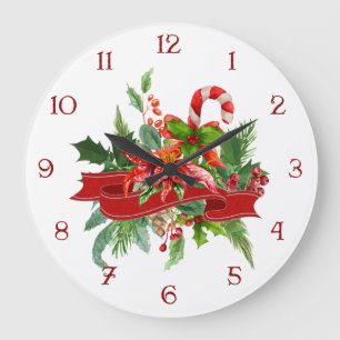 Reloj Redondo Grande Navidad festivo bastón floral, de la cinta y de