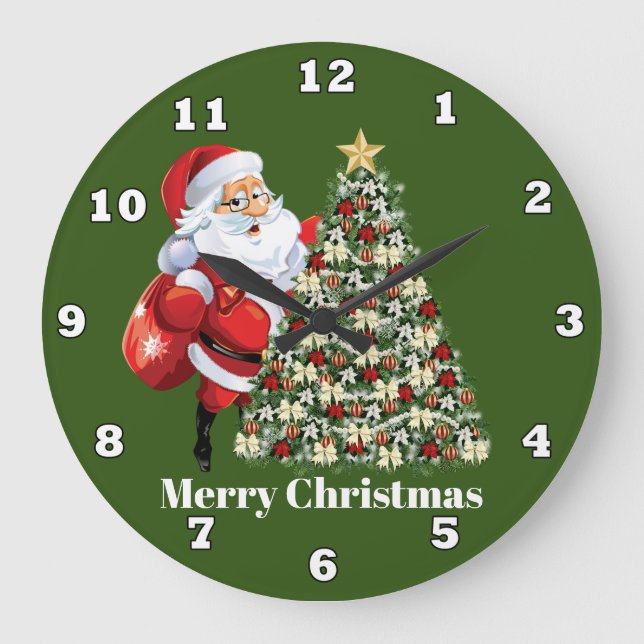 Reloj Redondo Grande Navidad festivo Santa y árbol (Anverso)