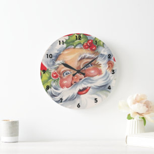 Reloj Redondo Grande Navidad Vintage, alegre Papá Noel con su sombrero
