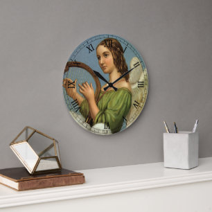 Reloj Redondo Grande Navidad Vintage, Ángel Victoriano con Arpa de Músi