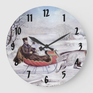 Reloj Redondo Grande Navidad Vintage, Invierno Camino, Caballo Sleigh