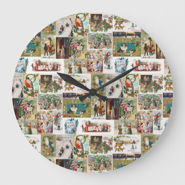 Reloj Redondo Grande Navidad vintage Navidad Collage Xmas (Anverso)