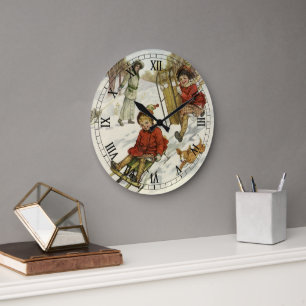 Reloj Redondo Grande Navidad Vintage, niños victorianos se deslizan con