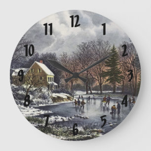 Reloj Redondo Grande Navidad Vintage, Patinadores de Invierno Temprano 