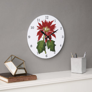 Reloj Redondo Grande Navidad Vintage, Planta Invernal de Poinsettia Roj