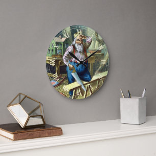 Reloj Redondo Grande Navidad Vintage, Santa Claus Construyendo Juguetes