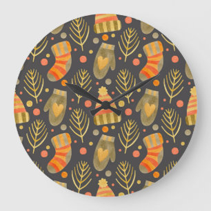 Reloj Redondo Grande Navidades acuarelas: Patrón festivo sin foco.