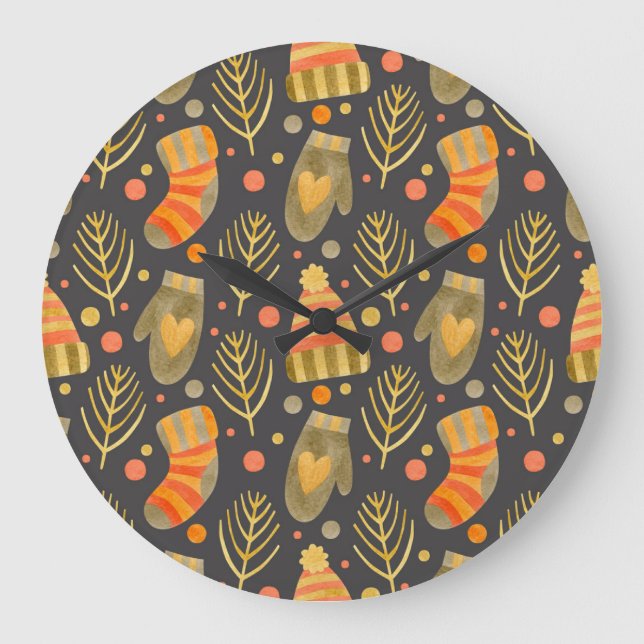 Reloj Redondo Grande Navidades acuarelas: Patrón festivo sin foco. (Anverso)