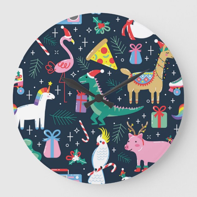 Reloj Redondo Grande Navidades Animales, Diseño Cutáneo Y Sin Marea. (Anverso)