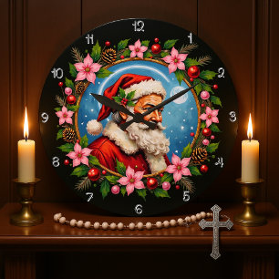 Reloj Redondo Grande Navidades artísticos de Santa Claus Wreath